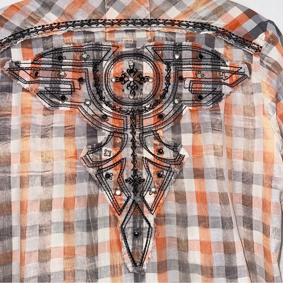 Roar Orange Faded Plaid Embellished Embroidered Button Front 3/4 Sleeve Top XL - Picture 3 of 13